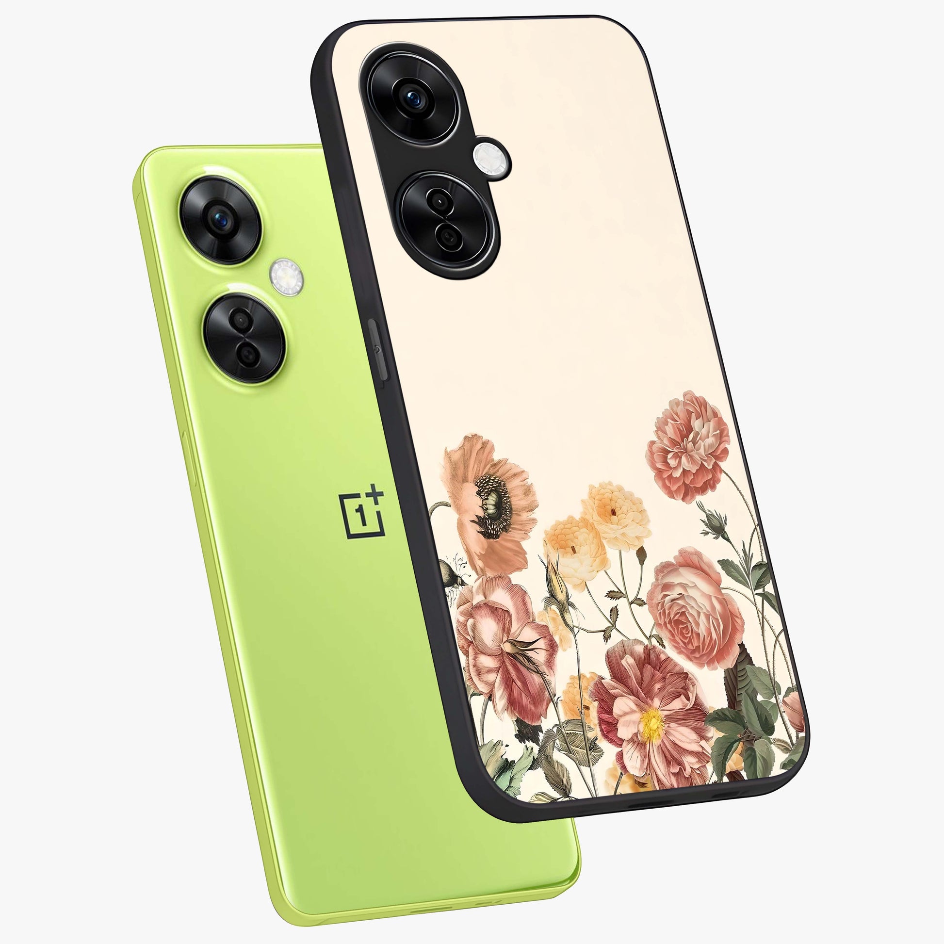 Timeless Garden Romance Glass Case for 1+Nord CE 3 Lite angled mockup showcasing glossy finish and soft romantic tones