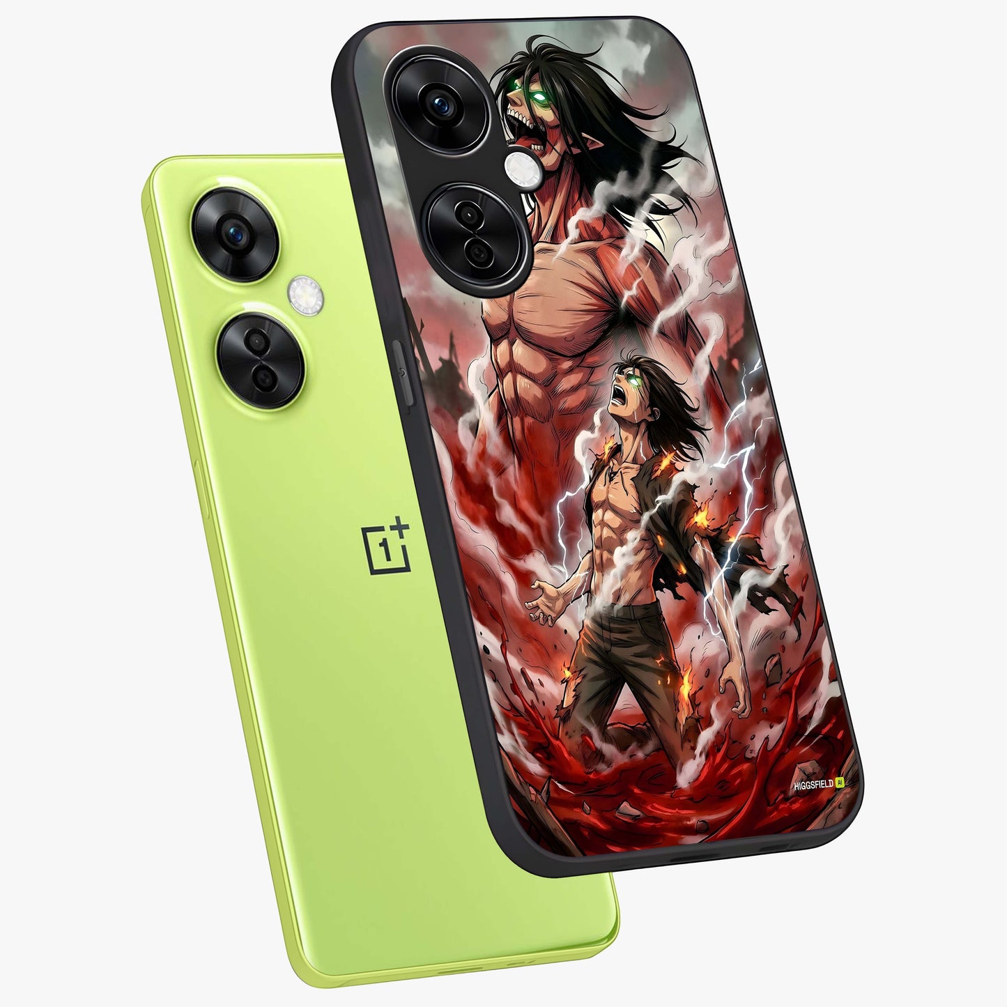 Titan Awakening Fury Glass Case for 1+Nord CE 3 Lite angled mockup showcasing glossy finish and dramatic action detailing