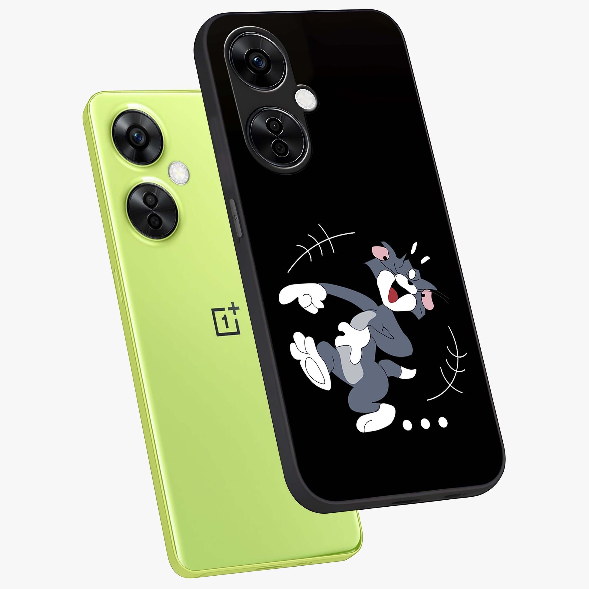 Tom in Trouble Glass Case for 1+Nord CE 3 Lite angled mockup showcasing glossy finish and vibrant cartoon detailing