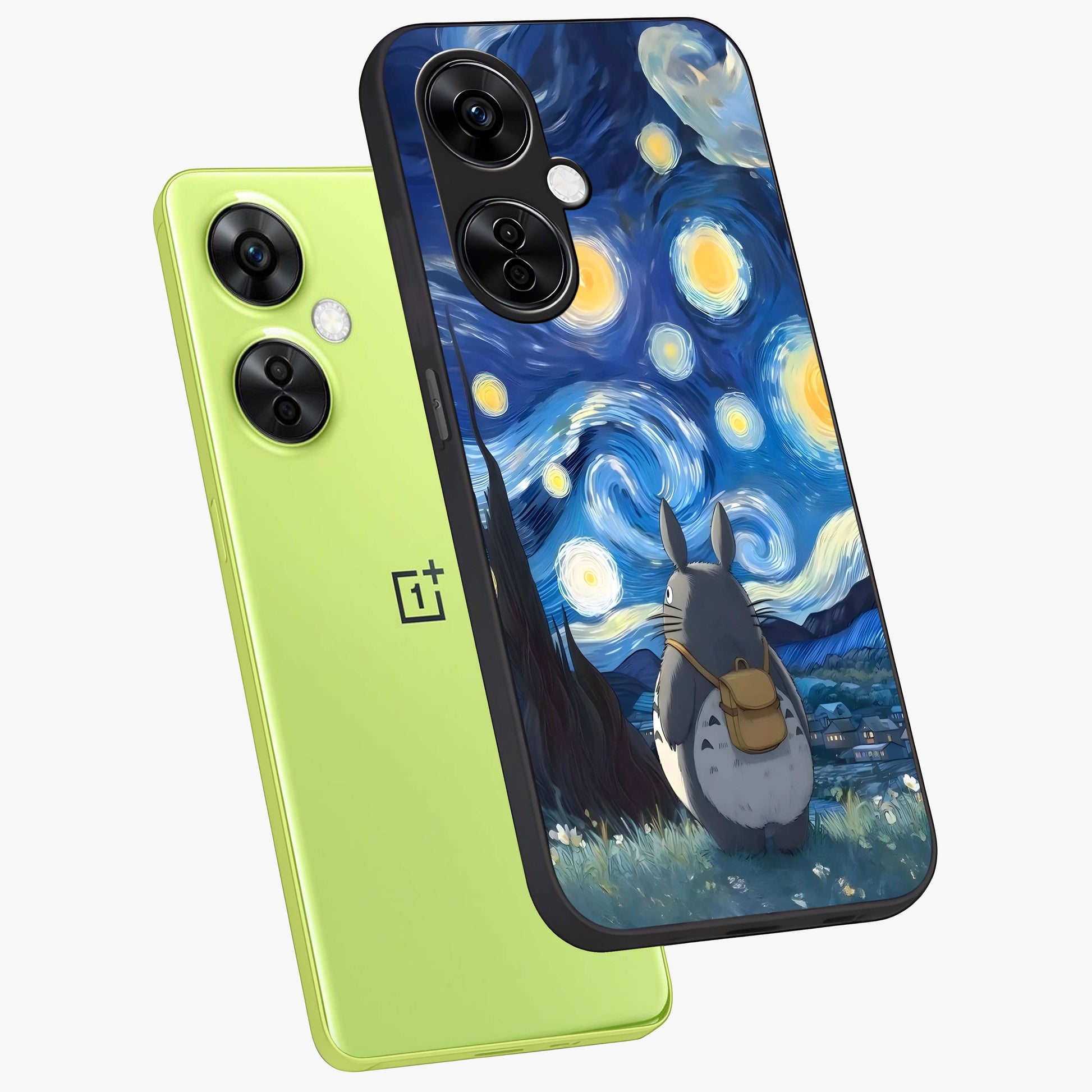 Totoro in Van Gogh Art Glass Case for 1+Nord CE 3 Lite angled mockup showcasing glossy finish and vibrant brushstroke detailing