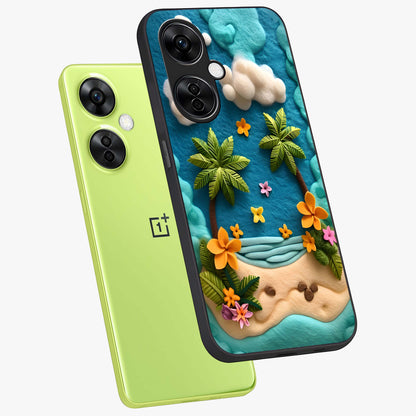 Tropical Felt Escape Glass Case for 1+Nord CE 3 Lite angled mockup showcasing glossy finish and vibrant island tones