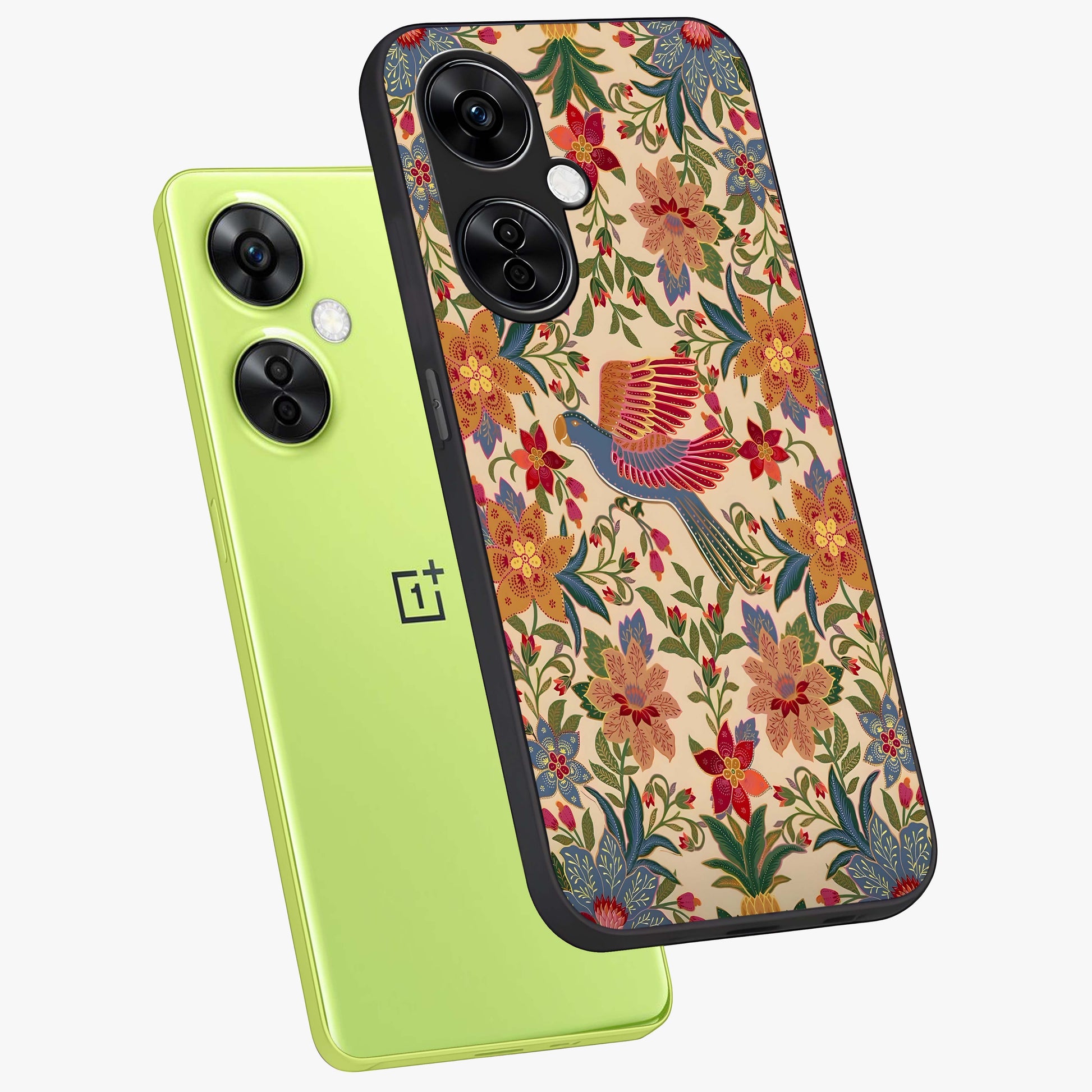 Tropical Folk Art Bird Glass Case for 1+Nord CE 3 Lite angled mockup showcasing glossy finish and rich cultural tones