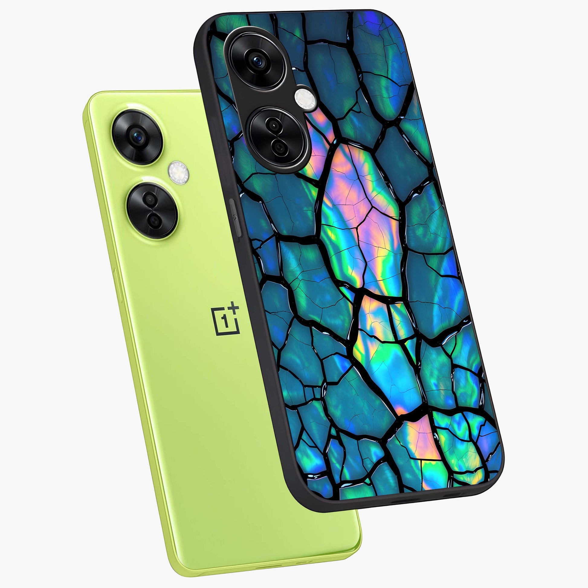 Tropical Wing Vibe Glass Case for 1+Nord CE 3 Lite angled mockup showcasing glossy finish and bold gradient detailing