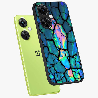 Tropical Wing Vibe Glass Case for 1+Nord CE 3 Lite angled mockup showcasing glossy finish and bold gradient detailing