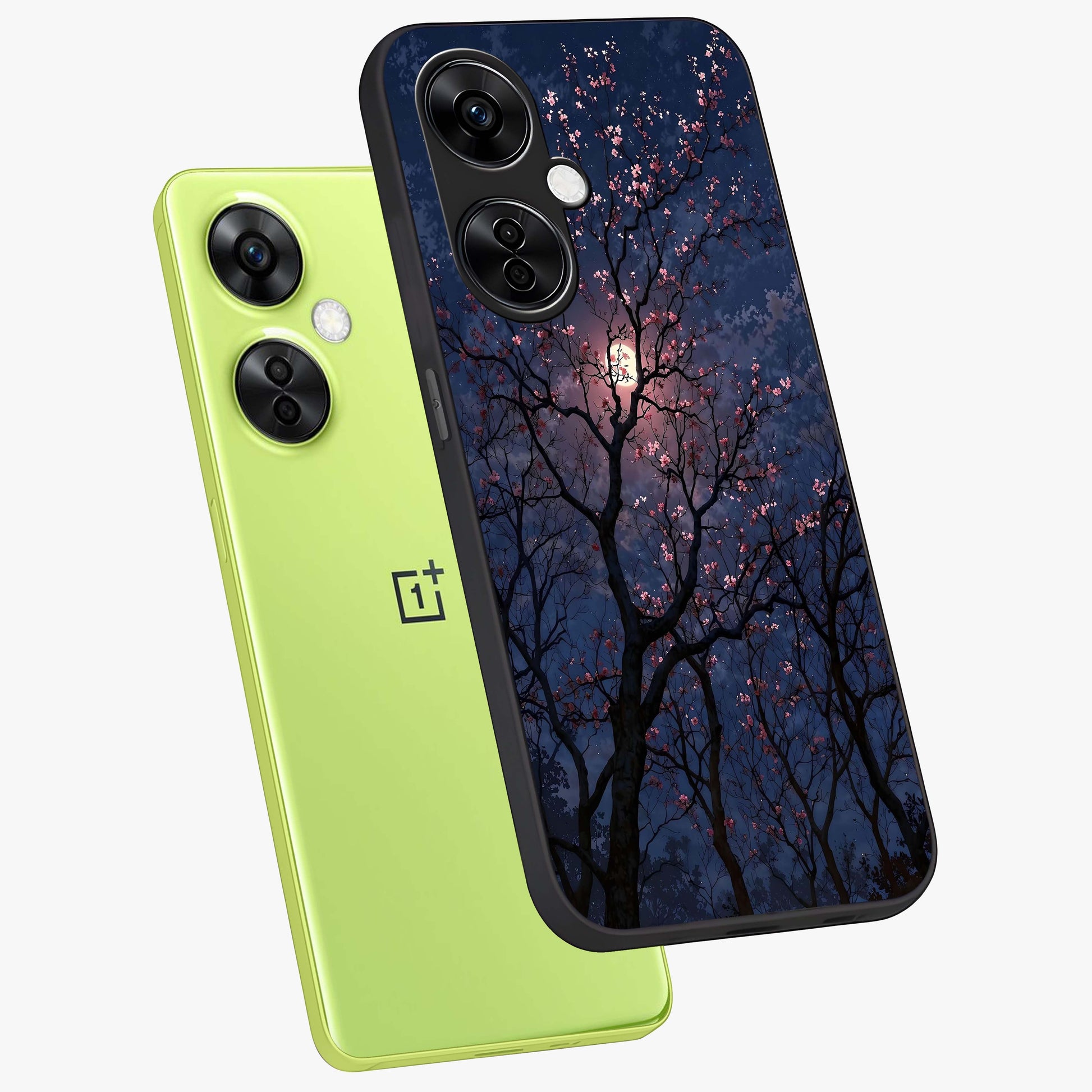 Twilight Sakura Serenade Glass Case for 1+Nord CE 3 Lite angled mockup showcasing glossy glass finish and soft purple gradients