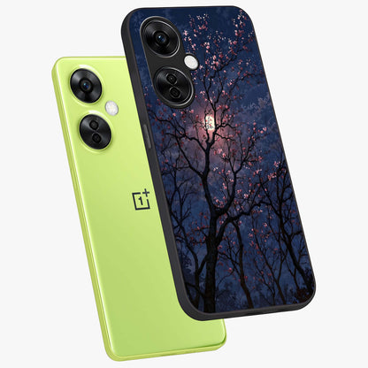 Twilight Sakura Serenade Glass Case for 1+Nord CE 3 Lite angled mockup showcasing glossy glass finish and soft purple gradients