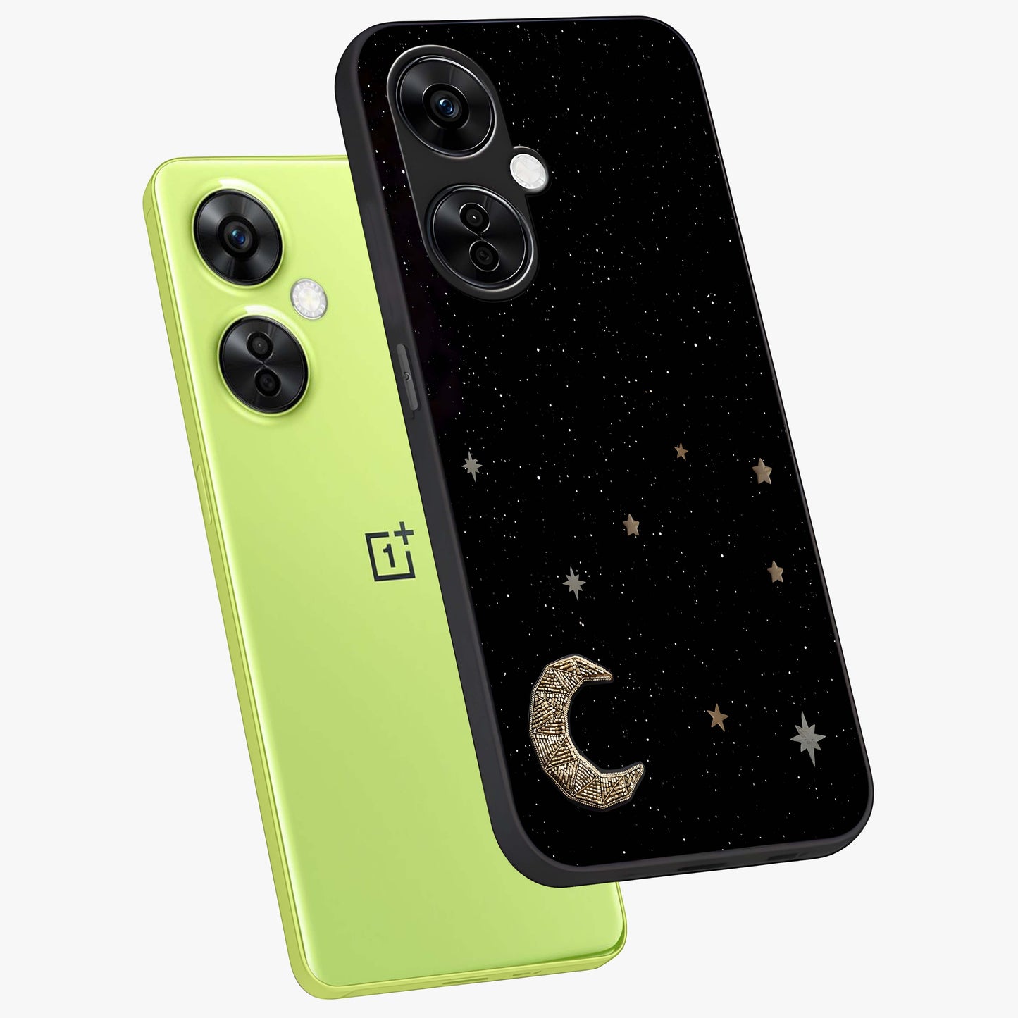 Twinkle Star With Half Moon Glass Case for 1+Nord CE 3 Lite angled mockup showcasing glossy finish and celestial night tones