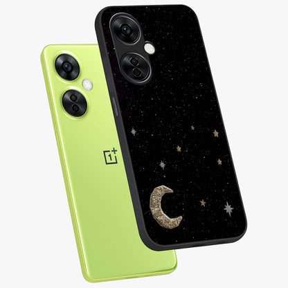 Twinkle Star With Half Moon Glass Case for 1+Nord CE 3 Lite angled mockup showcasing glossy finish and celestial night tones