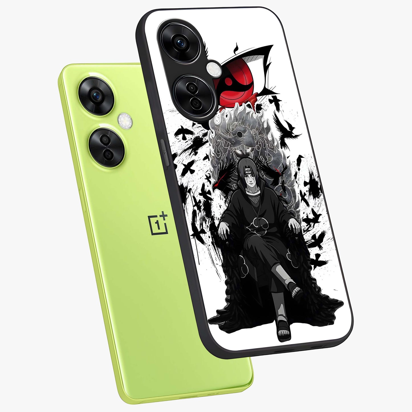 Uchiha Shadow Throne Glass Case for 1+Nord CE 3 Lite angled mockup showcasing glossy finish and dramatic shadow detailing