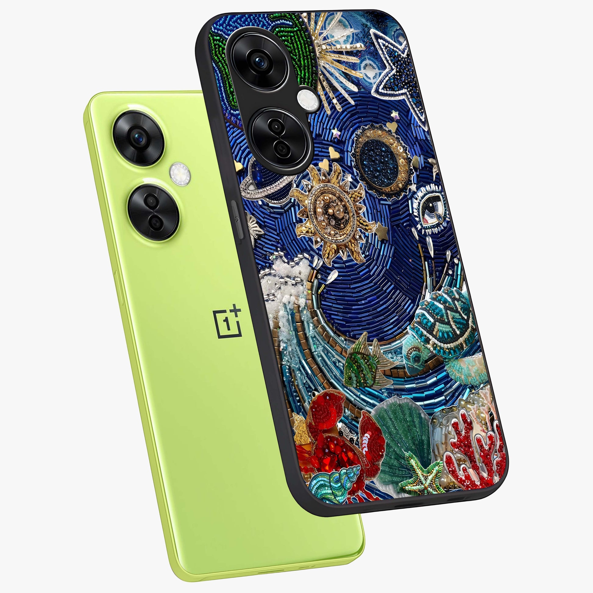 Universe Underwater Spark Glass Case for 1+Nord CE 3 Lite angled mockup showcasing glossy finish and glowing blue gradients