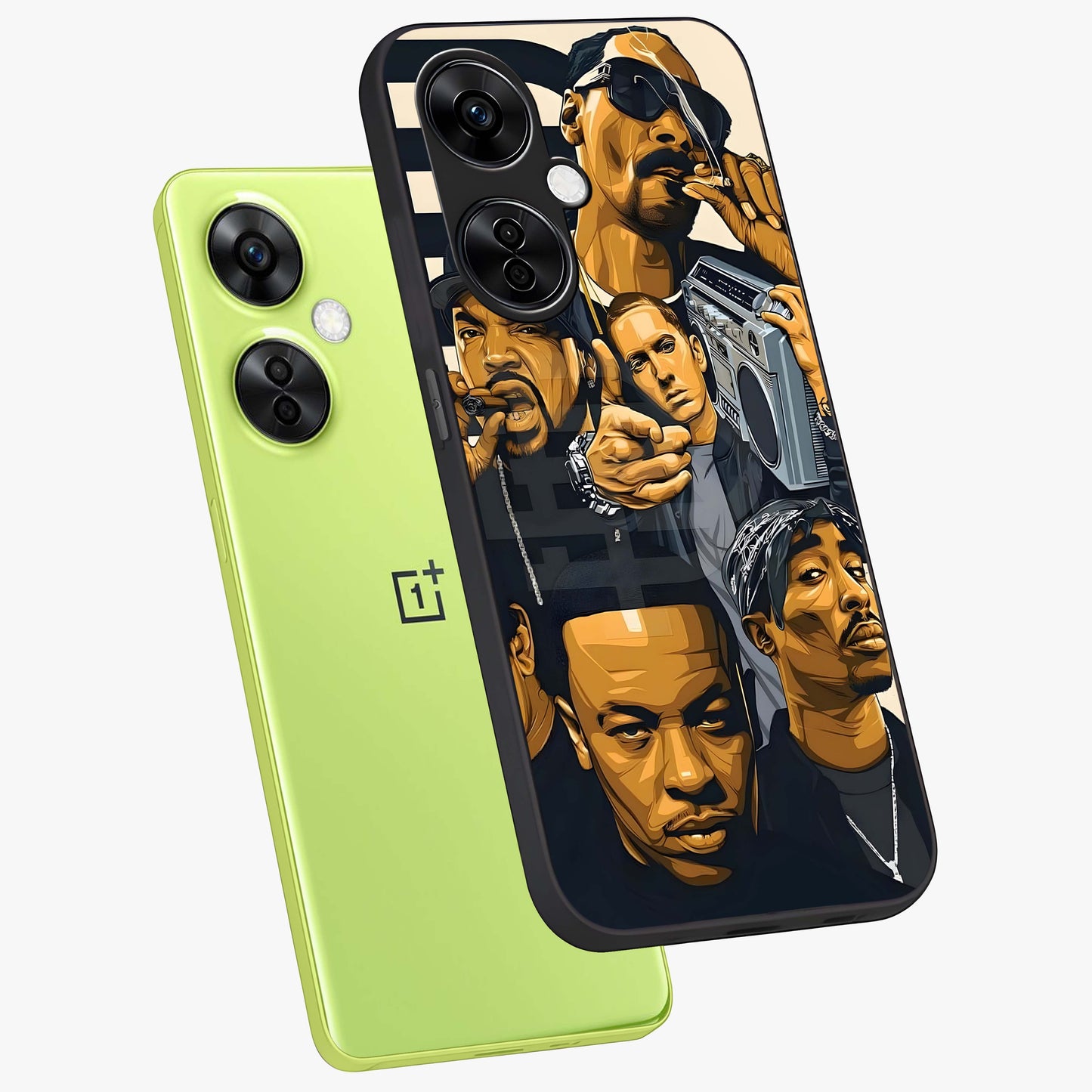 Urban Rap Legends Glass Case for 1+Nord CE 3 Lite angled mockup showcasing glossy finish and edgy urban detailing