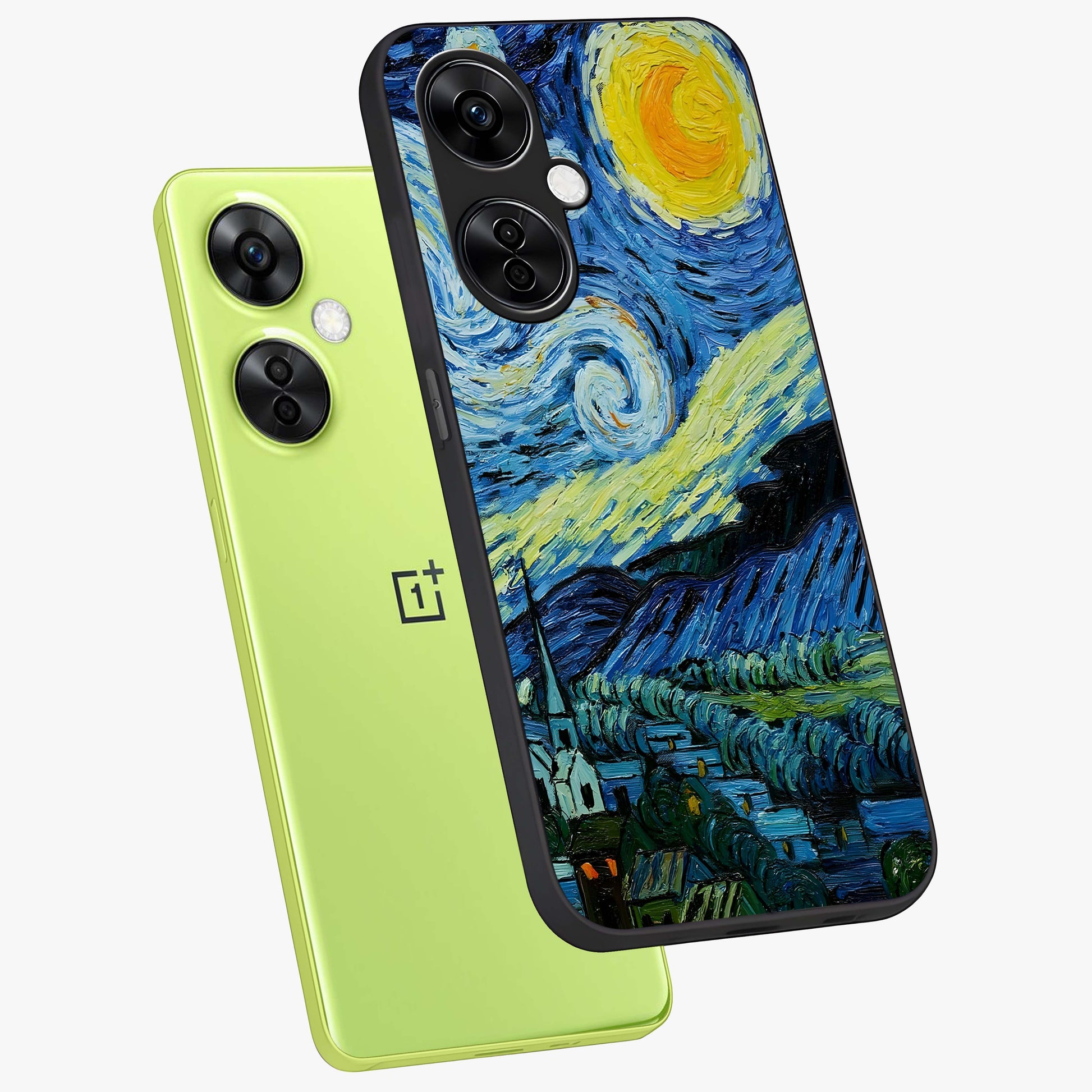 Van Gogh Art Glass Case for 1+Nord CE 3 Lite angled mockup showcasing glossy finish and rich brushstroke textures