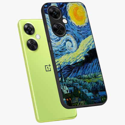 Van Gogh Art Glass Case for 1+Nord CE 3 Lite angled mockup showcasing glossy finish and rich brushstroke textures