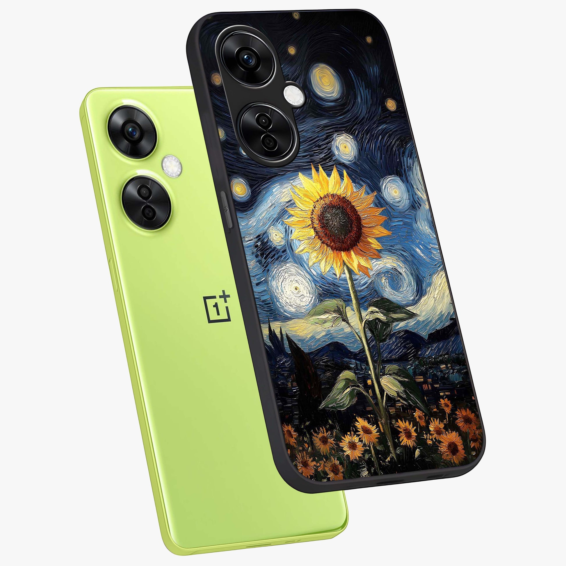 Van Gogh Sunflower Glass Case for 1+Nord CE 3 Lite angled mockup showcasing glossy finish and bold yellow tones