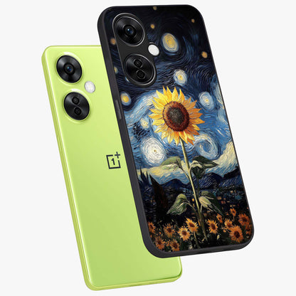 Van Gogh Sunflower Glass Case for 1+Nord CE 3 Lite angled mockup showcasing glossy finish and bold yellow tones