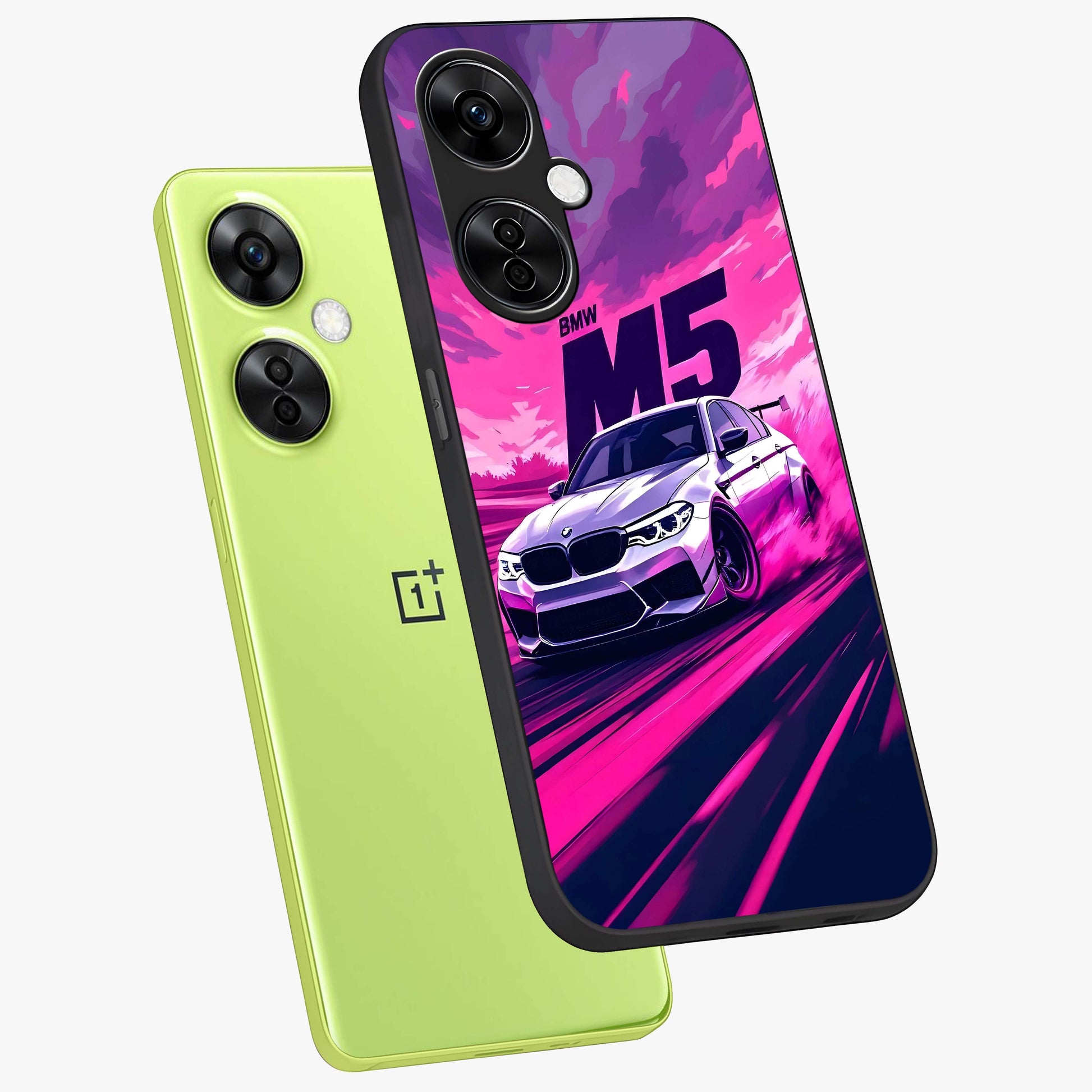 Velocity Drift Pulse Glass Case for 1+Nord CE 3 Lite angled mockup showcasing glossy finish and bold speed gradients