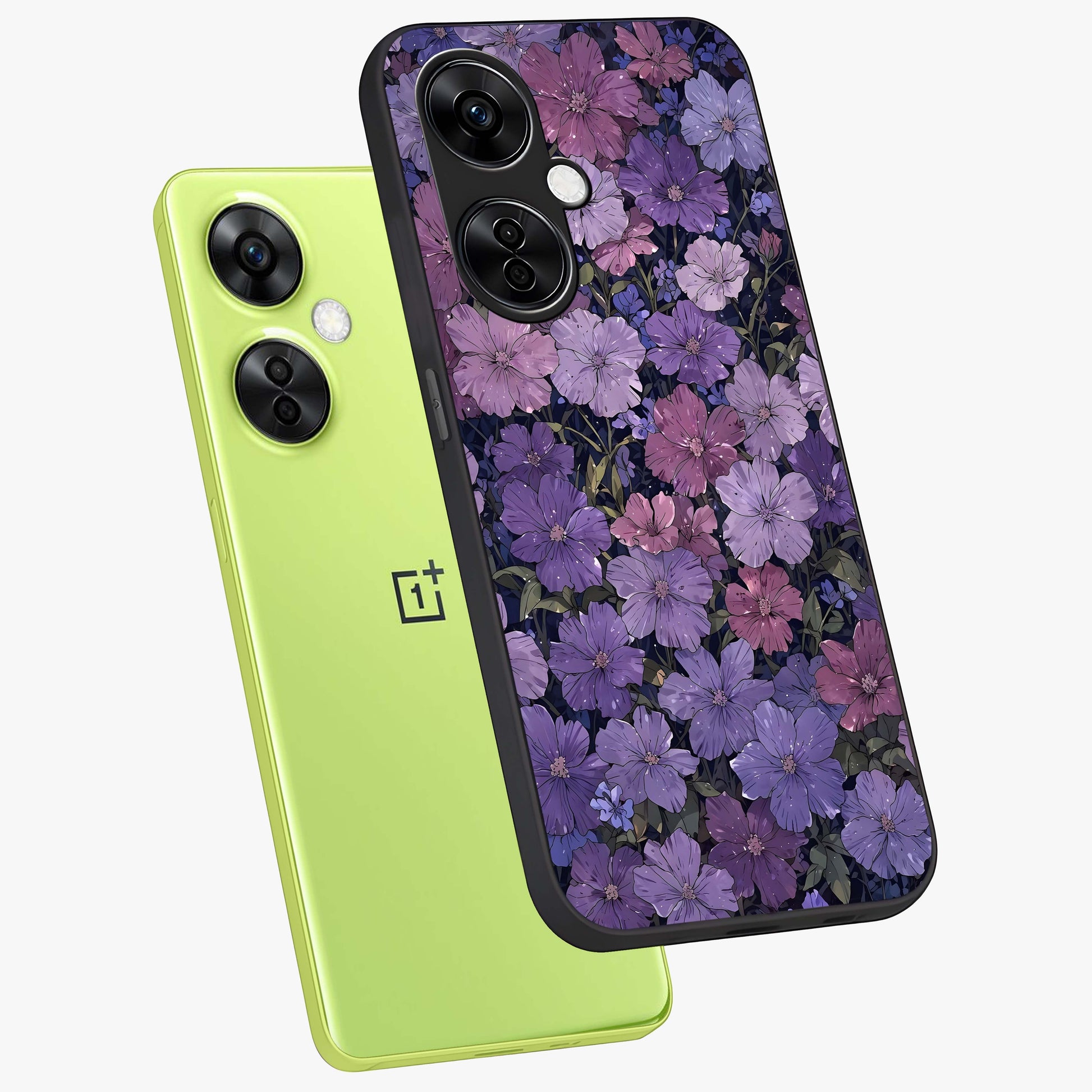 Velvet Bloom Tapestry Glass Case for 1+Nord CE 3 Lite angled mockup showcasing glossy finish and deep velvet tones