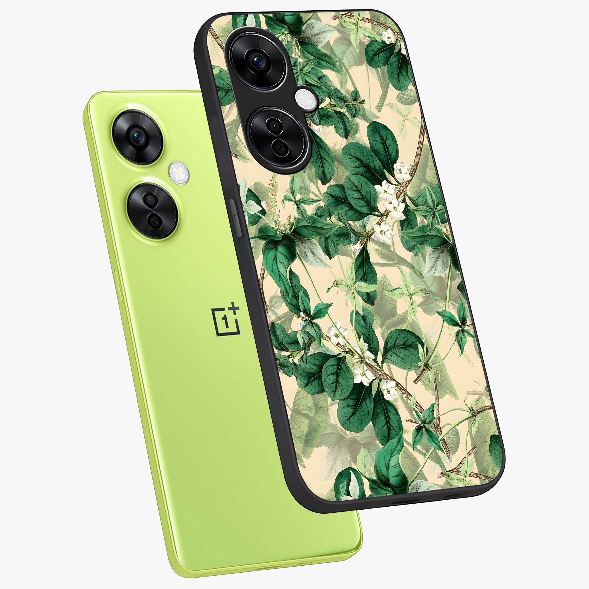 Verdant Garden Whispers Glass Case for 1+Nord CE 3 Lite angled mockup showcasing glossy finish and natural earthy tones