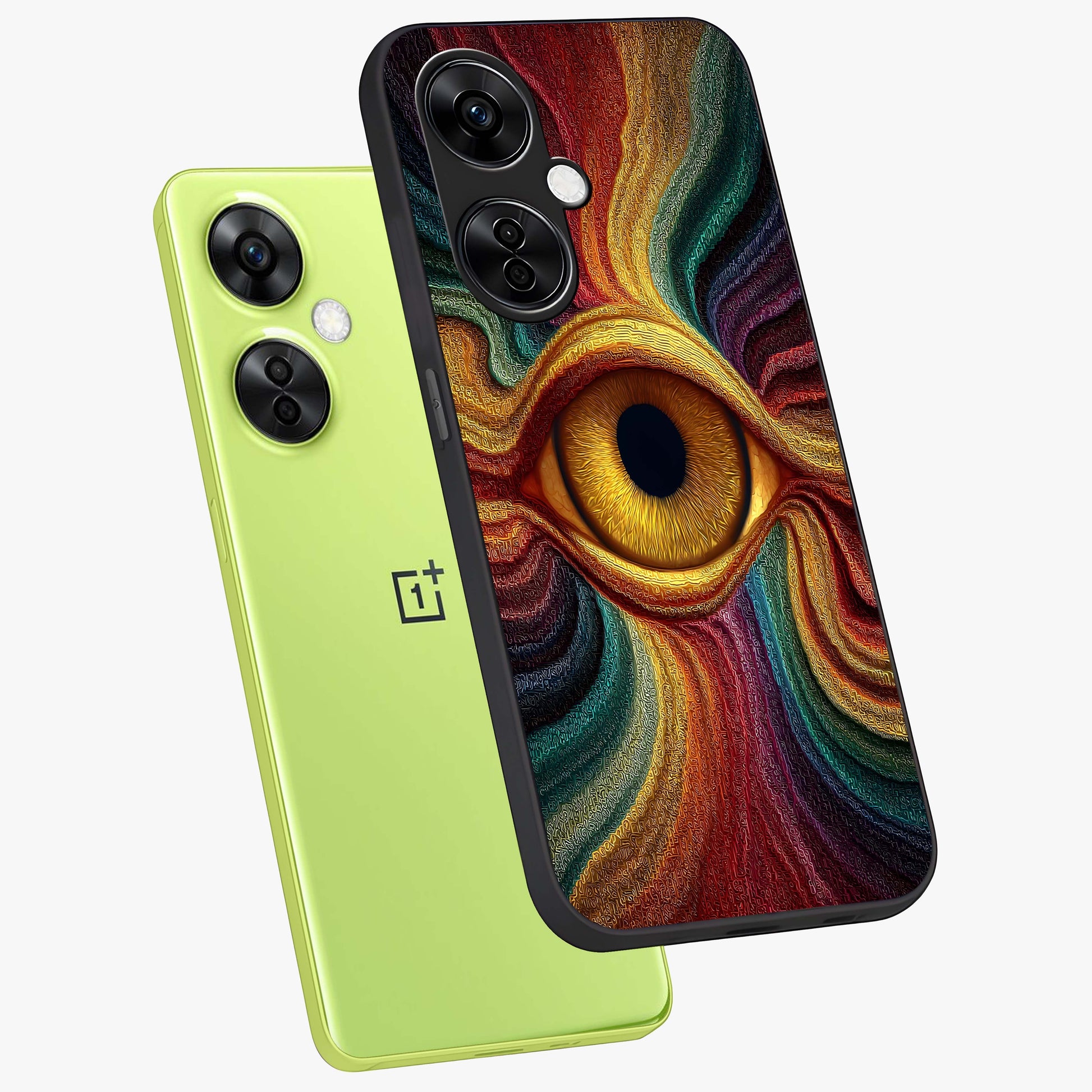 Visionary Flame Core Glass Case for 1+Nord CE 3 Lite angled mockup showcasing glossy finish and bold glowing gradients