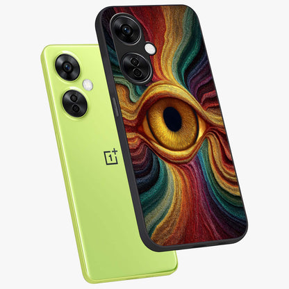 Visionary Flame Core Glass Case for 1+Nord CE 3 Lite angled mockup showcasing glossy finish and bold glowing gradients