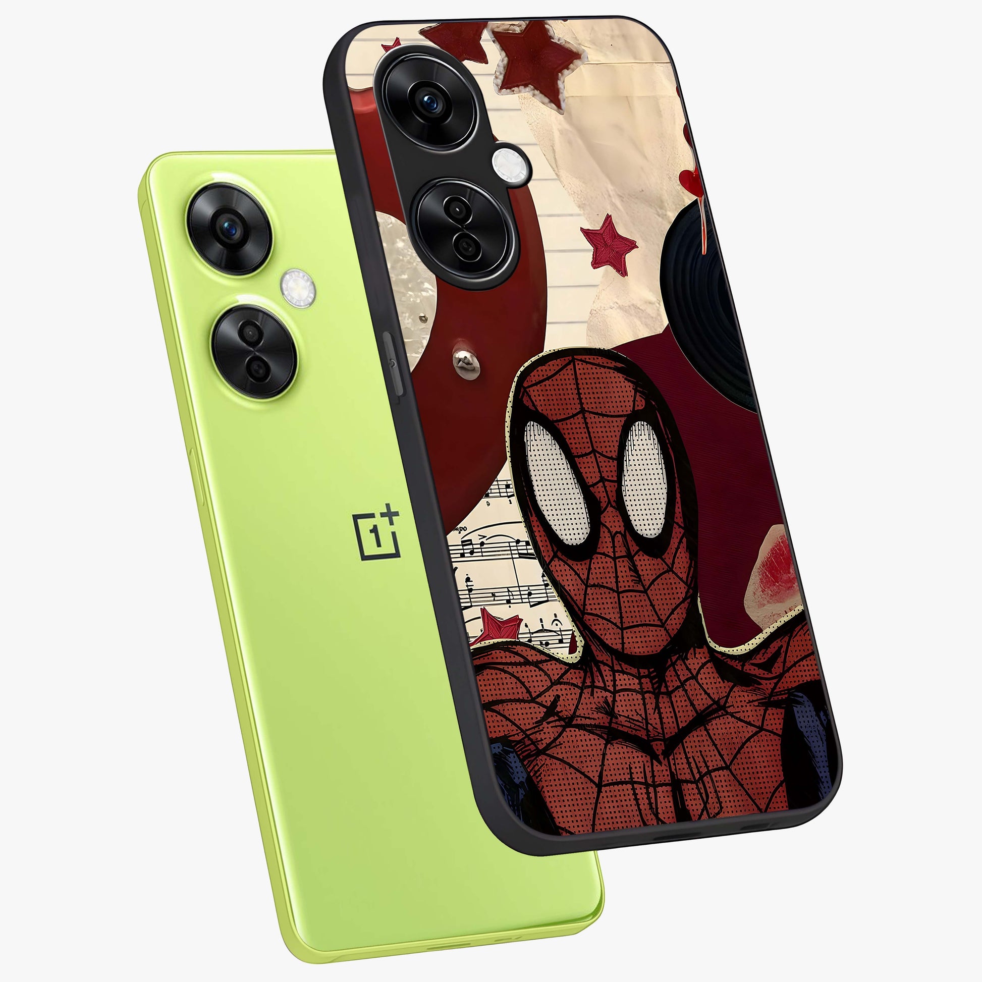 Web Warrior Vibes Glass Case for 1+Nord CE 3 Lite angled mockup showcasing glossy finish and bold comic style detailing