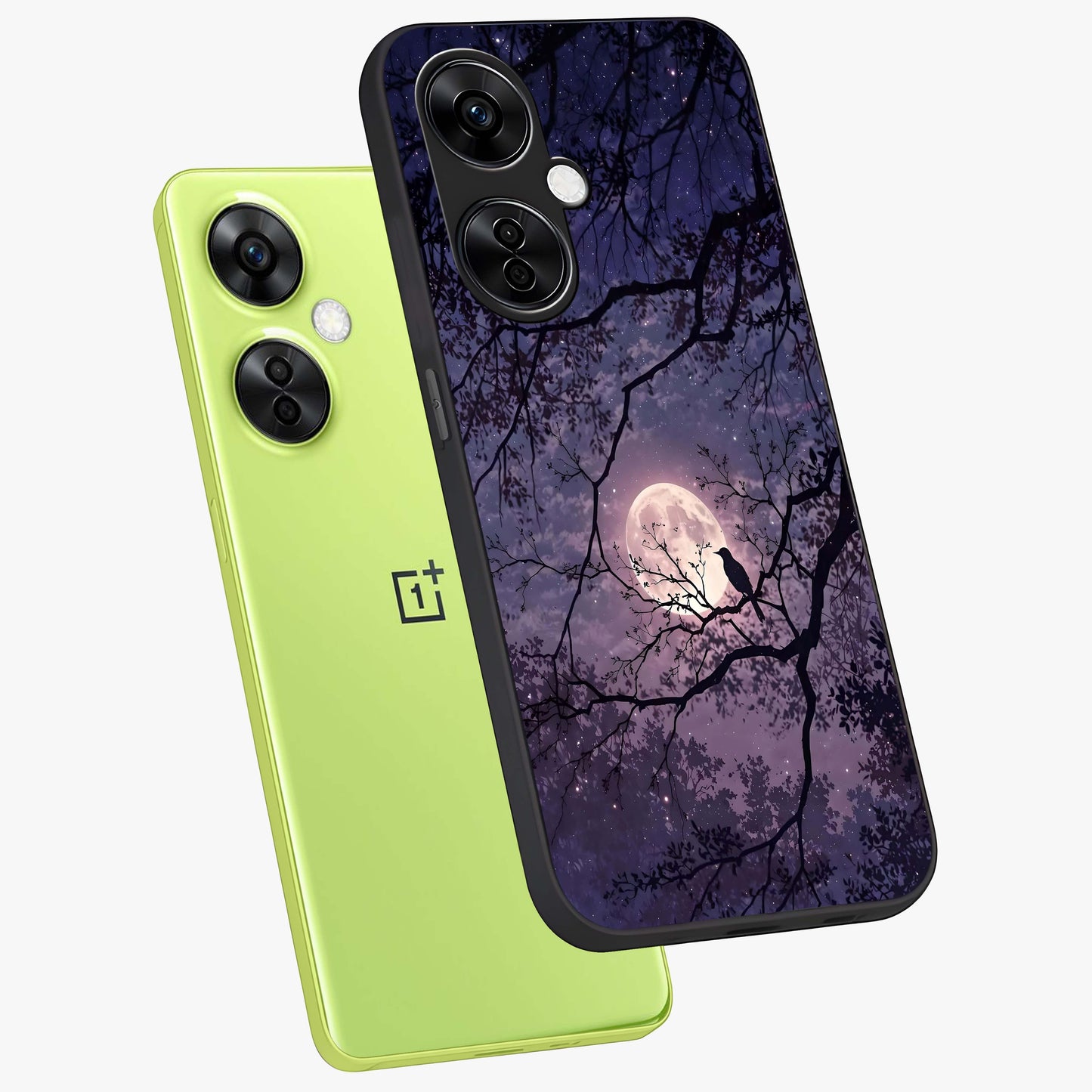 Whispering Moon Silence Glass Case for 1+Nord CE 3 Lite angled mockup showcasing glossy finish and subtle celestial detailing