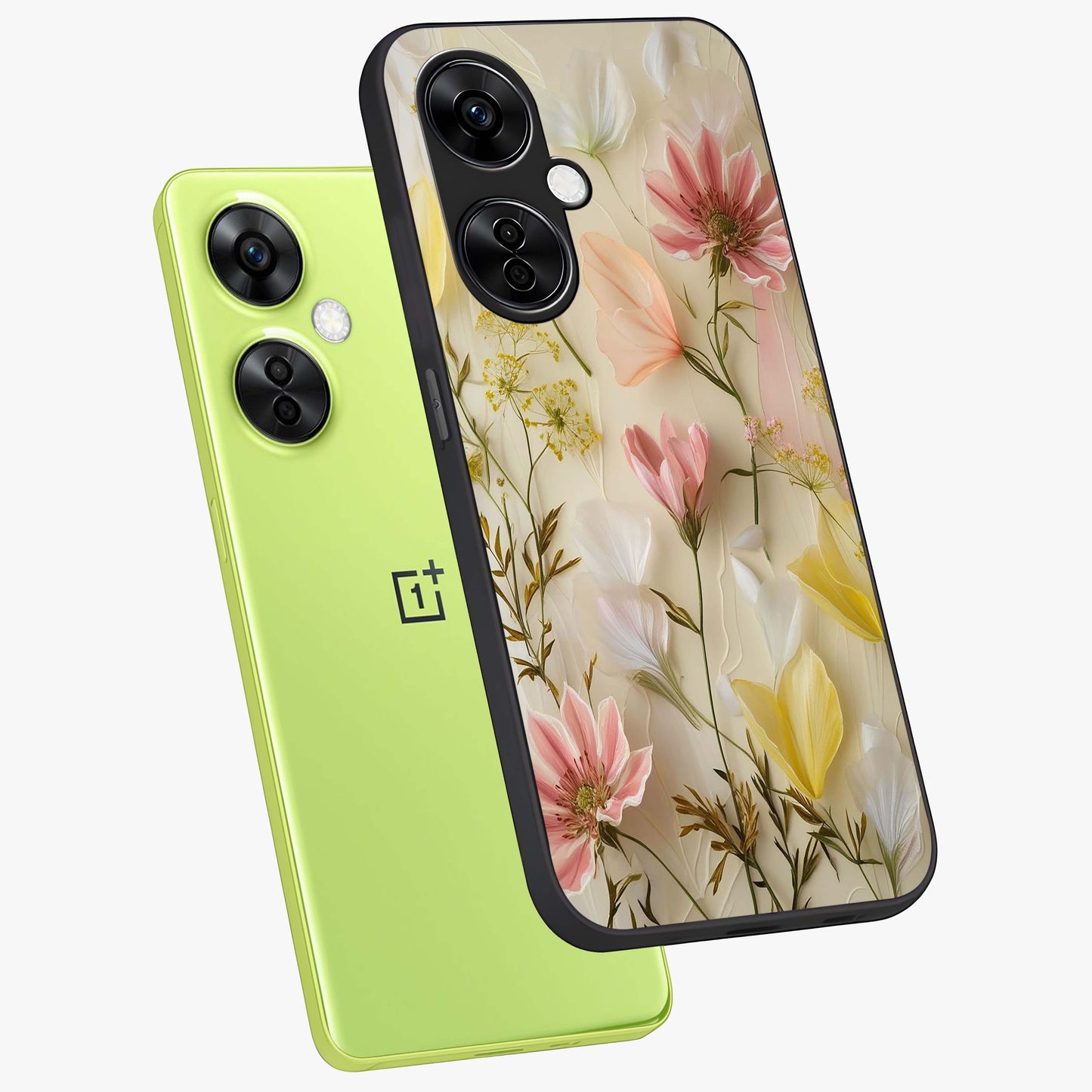 Whispering Petal Harmony Glass Case for 1+Nord CE 3 Lite angled mockup showcasing glossy finish and delicate bloom detailing