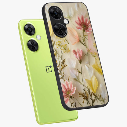 Whispering Petal Harmony Glass Case for 1+Nord CE 3 Lite angled mockup showcasing glossy finish and delicate bloom detailing