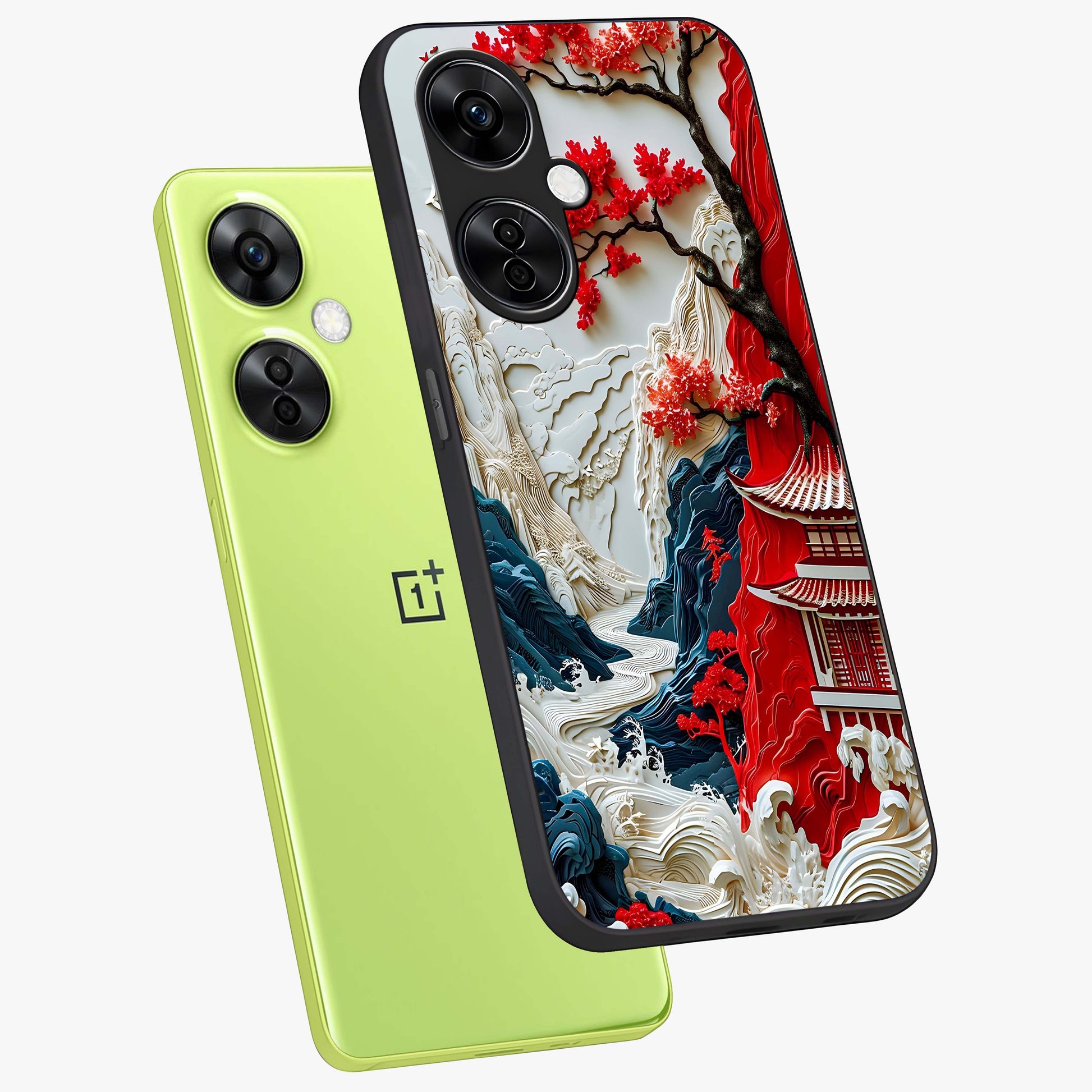 Whispers of Sakura Waves Glass Case for 1+Nord CE 3 Lite angled mockup showcasing glossy finish and soft pink gradients