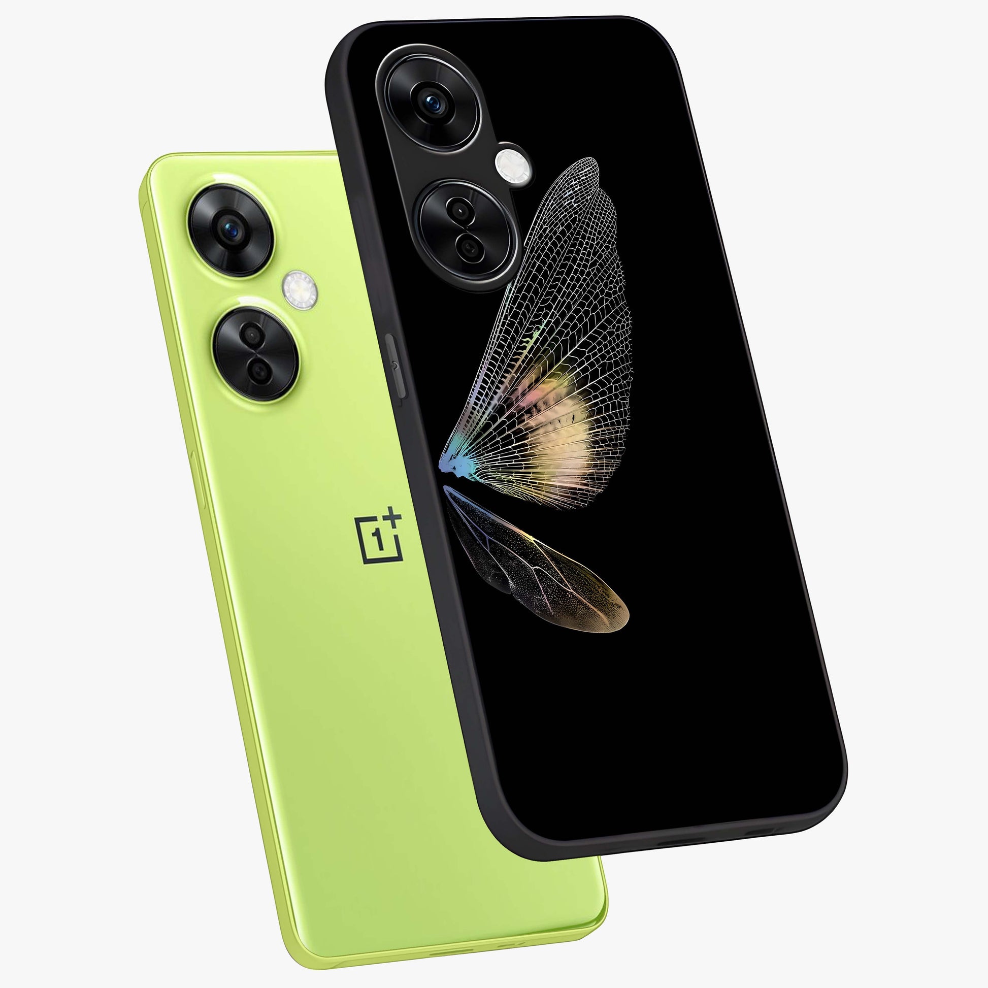 Whispers of Wings Glass Case for 1+Nord CE 3 Lite angled mockup showcasing glossy finish and soft gradient detailing