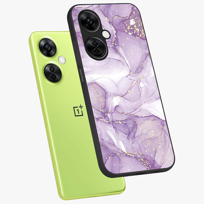 White and Purple Marble Glass Case for 1+Nord CE 3 Lite angled mockup showcasing glossy finish and refined stone detailing