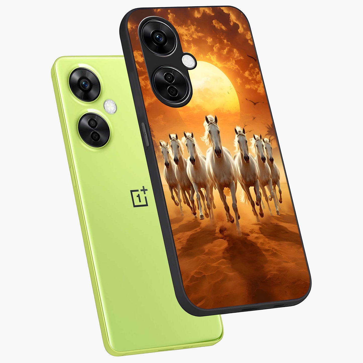 Wild Sunset Majesty Glass Case for 1+Nord CE 3 Lite angled mockup showcasing glossy finish and warm fiery gradients