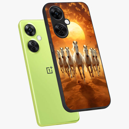 Wild Sunset Majesty Glass Case for 1+Nord CE 3 Lite angled mockup showcasing glossy finish and warm fiery gradients