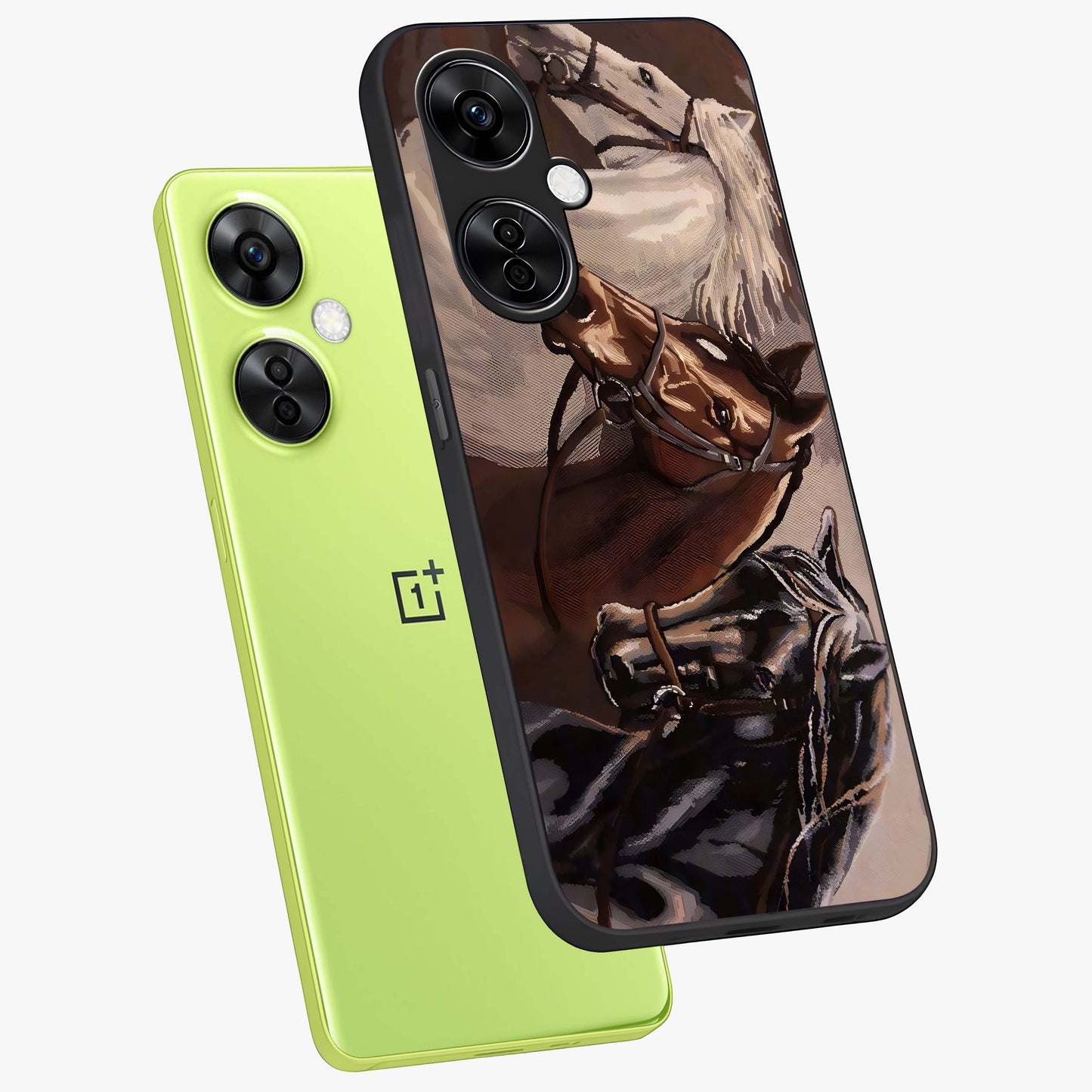 Wild Trio Gallop Glass Case for 1+Nord CE 3 Lite angled mockup showcasing glossy glass finish and bold equestrian detailing
