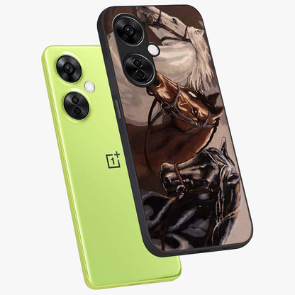 Wild Trio Gallop Glass Case for 1+Nord CE 3 Lite angled mockup showcasing glossy glass finish and bold equestrian detailing