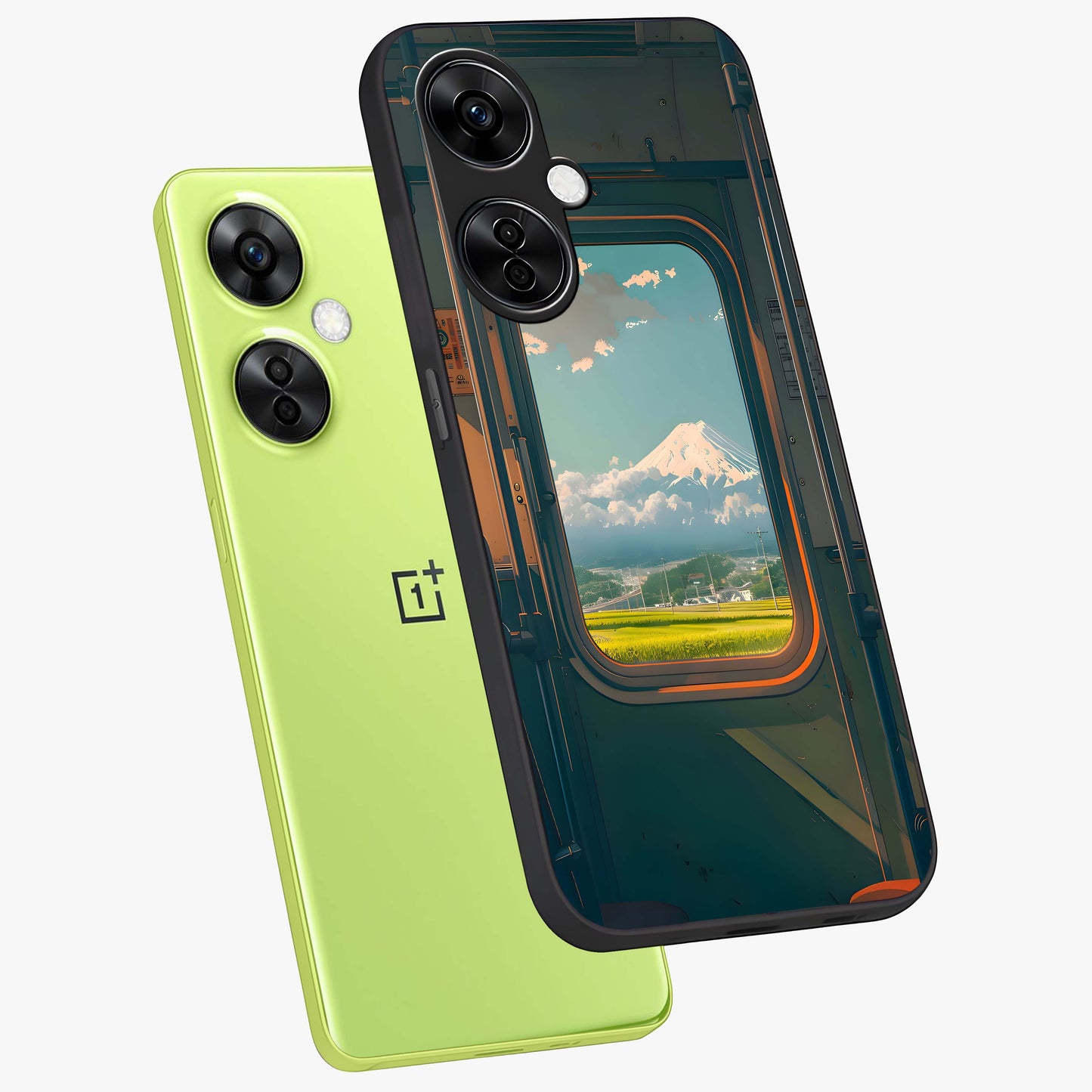 Window to Fuji Glass Case for 1+Nord CE 3 Lite angled mockup showcasing glossy finish and serene landscape tones