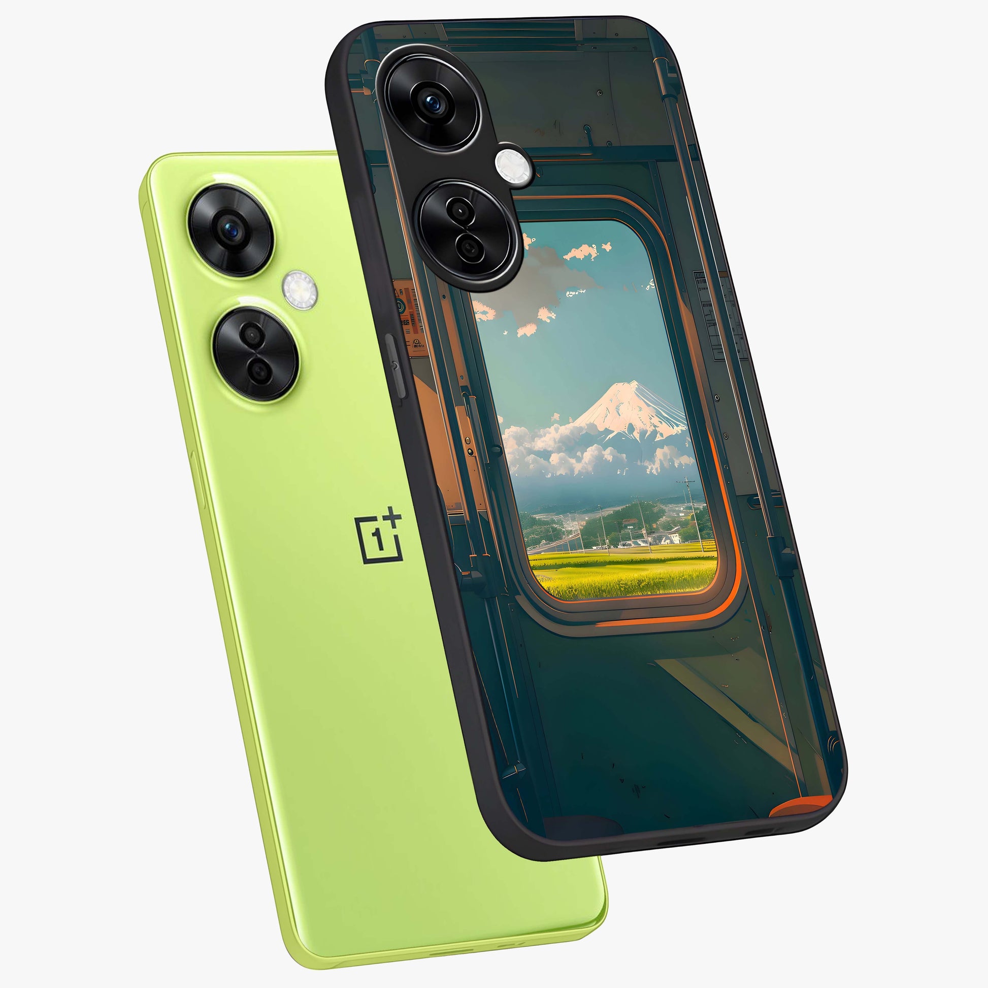 Window to Fuji Glass Case for 1+Nord CE 3 Lite angled mockup showcasing glossy finish and serene landscape tones