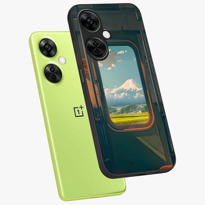 Window to Fuji Glass Case for 1+Nord CE 3 Lite angled mockup showcasing glossy finish and serene landscape tones