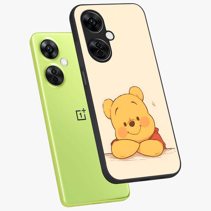 Winniethe Pooh Glass Case for 1+Nord CE 3 Lite angled mockup showcasing glossy finish and soft playful tones