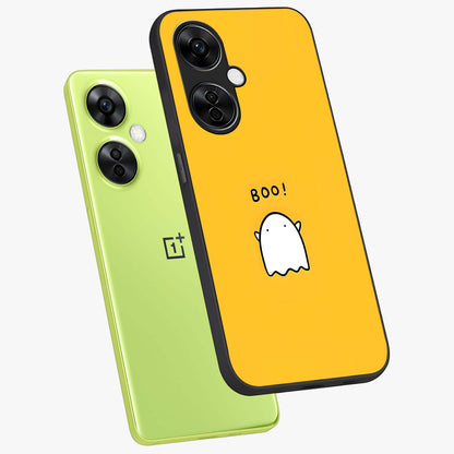 Yellow Boo Ghost Glass Case for 1+Nord CE 3 Lite angled mockup showcasing glossy finish and fun animated detailing