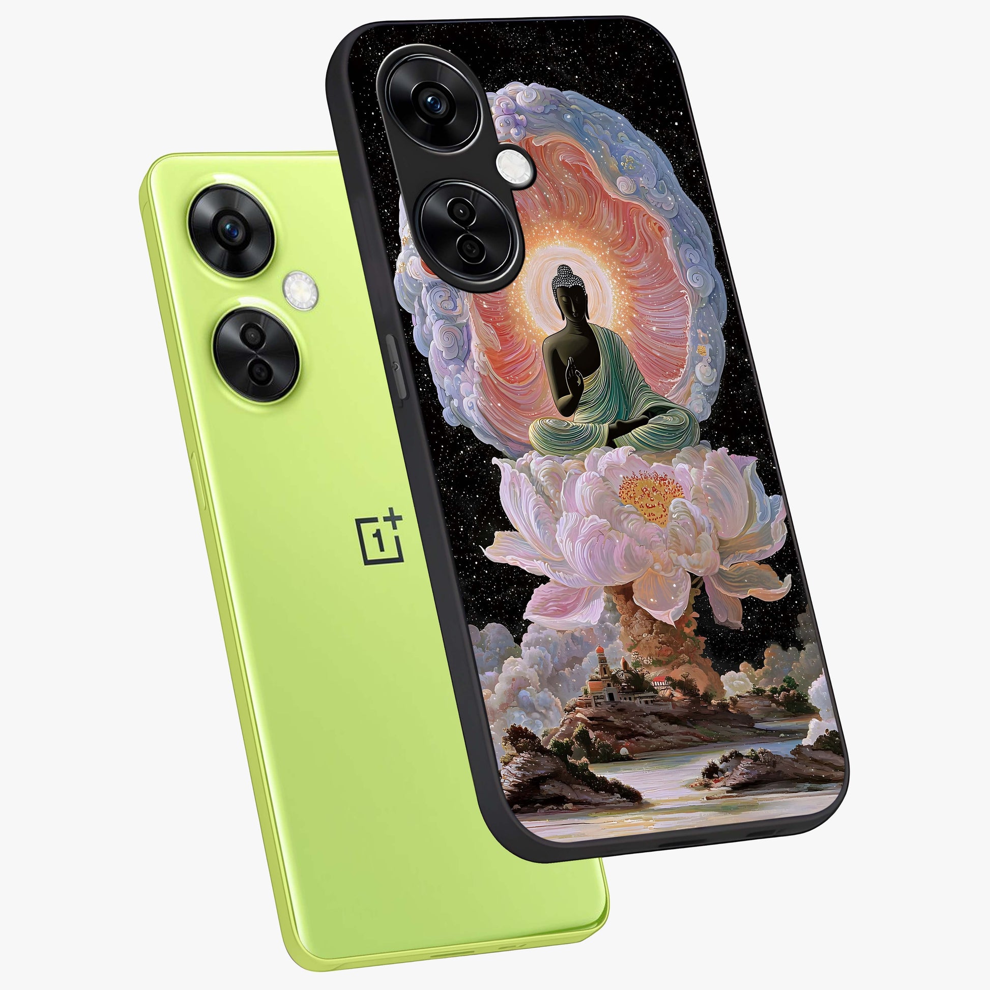 Zen Lotus Realm Glass Case for 1+Nord CE 3 Lite angled mockup showcasing glossy finish and serene gradient detailing