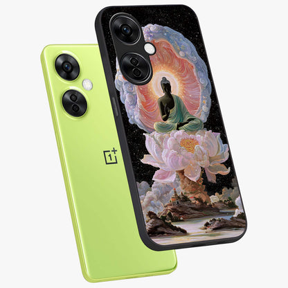 Zen Lotus Realm Glass Case for 1+Nord CE 3 Lite angled mockup showcasing glossy finish and serene gradient detailing