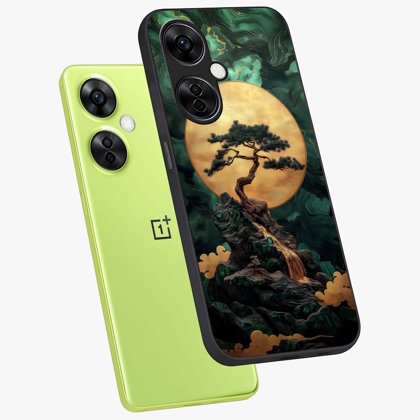 Zen Moon Rise Glass Case for 1+Nord CE 3 Lite angled mockup showcasing glossy finish and soft night sky tones