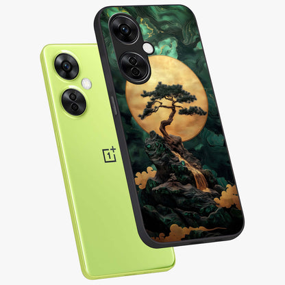 Zen Moon Rise Glass Case for 1+Nord CE 3 Lite angled mockup showcasing glossy finish and soft night sky tones