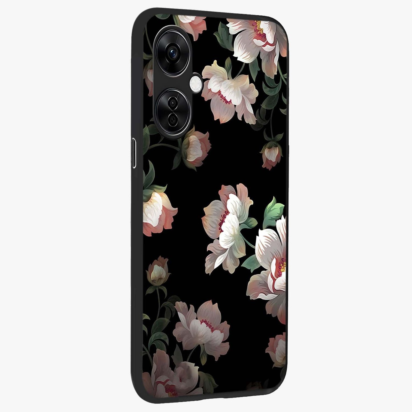 Abstract Embossed Blooming Bright Flower Glass Case for 1+Nord Ce 3 Lite side perspective highlighting bright embossed flower texture