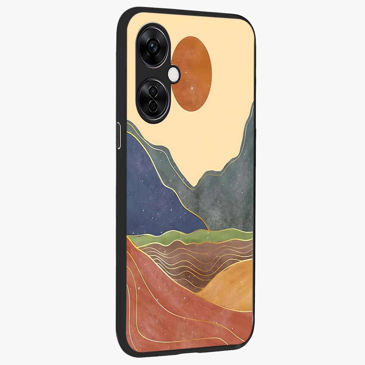 Abstract Mountain Glow Glass Case for 1+Nord CE 3 Lite side perspective highlighting luminous mountain design details