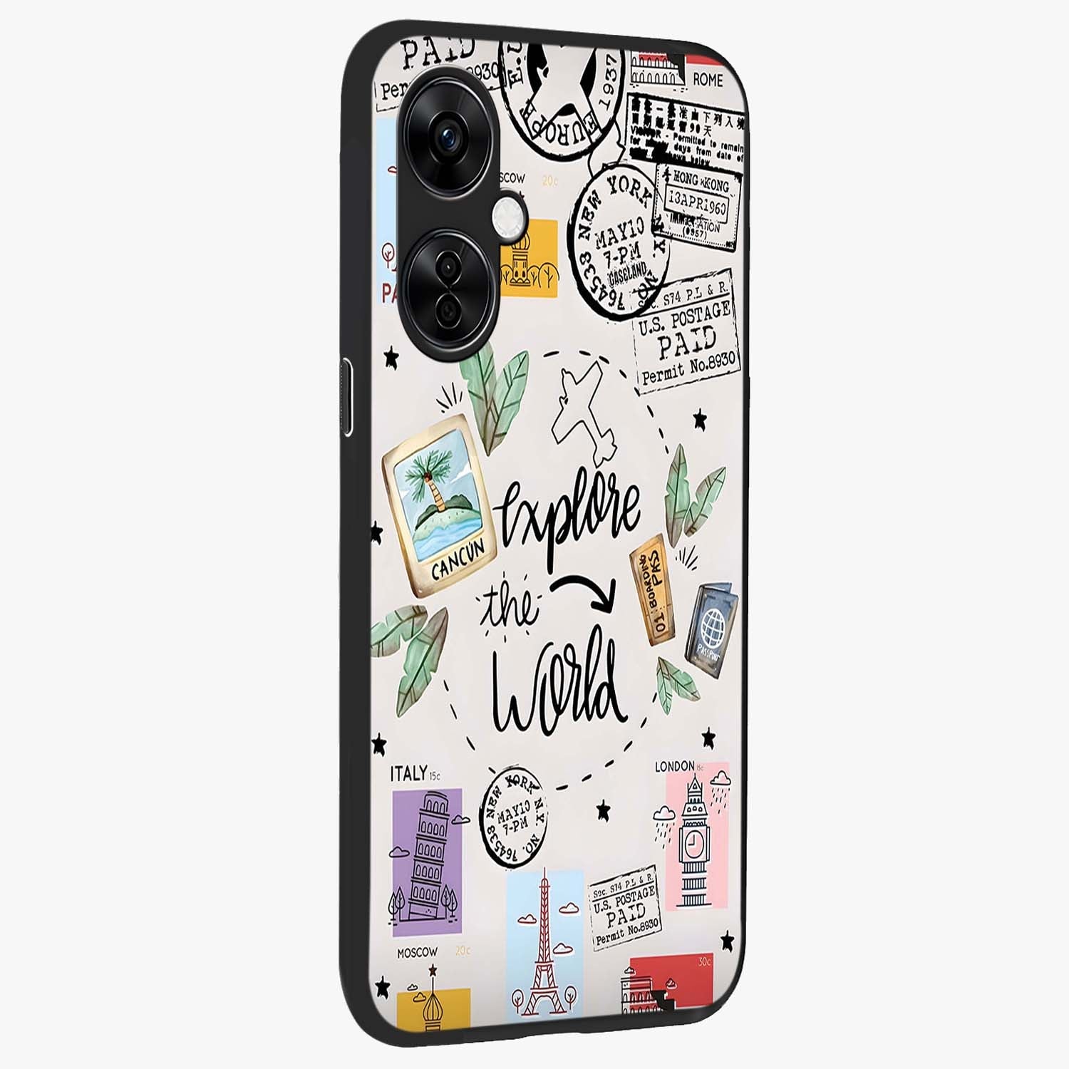 Adventure Awaits Art Glass Case for 1+Nord CE 3 Lite side perspective highlighting motivational travel graphic details