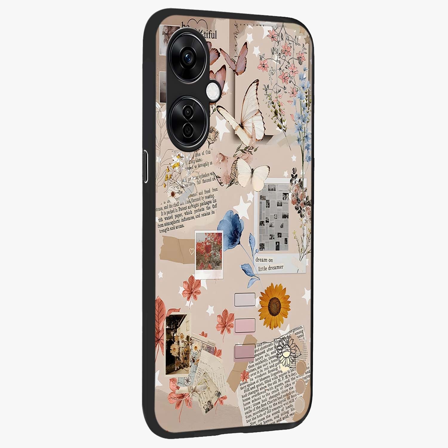 Aesthetic Butterfly Glass Case for 1+Nord CE 3 Lite side perspective highlighting premium edges and butterfly illustration