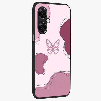 Aesthetic Pinkish Custom Name Butterfly Glass Case for 1+Nord CE 3 Lite side perspective highlighting premium edges and butterfly detailing