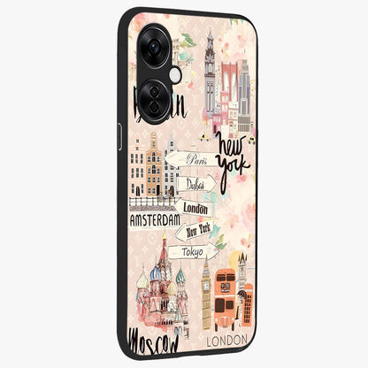 Aesthetic Travel Glass Case for 1+Nord CE 3 Lite side perspective highlighting bold travel graphic details
